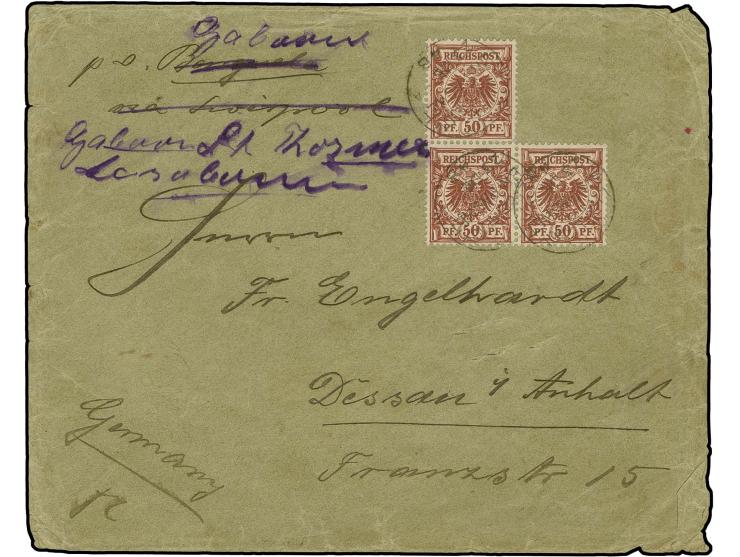 50 Pfg. lebhaftrötlichbraun im 3er-Block, jeder Wert einzeln entwertet durch britischen Anlandestempel "LIVERPOOL BR. PAQUET 