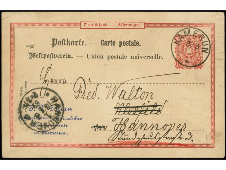 Ganzsachenkarte 10 Pfg. mit Stempel "KAMERUN 3/5" ohne Jahreszahl 1889 bedarfsgebraucht nach Hannover mit Ankunftsstempel; rü