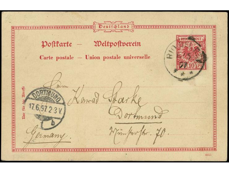 Ganzsachenkarte Krone/Adler 10 Pfg. mit Stempel "RIO DEL REI 16/5 97" bedarfsgebraucht nach Dortmund mit Ankunftsstempel