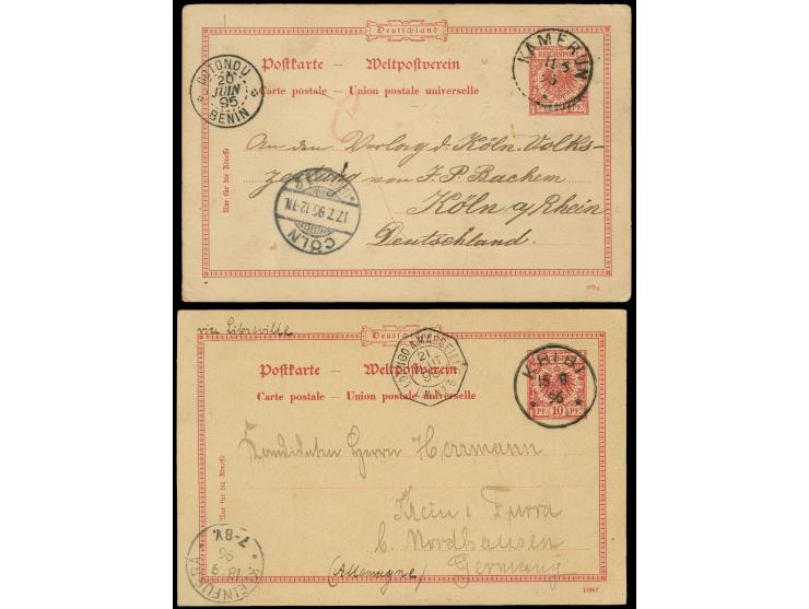 Ganzsachenkarte Krone/Adler 10 Pfg., 2 Stück, beide von Kribi nach Deutschland, die erste mit Stempel "KAMERUN 11 6 95" und v
