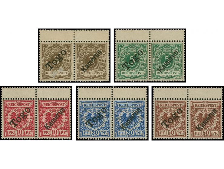 1897, Probedrucke mit diagonalem (statt sonst steilem) Aufdruck "Kamerun" 3-20 und 50 Pfg., alle im waagerechten Zusammendruc