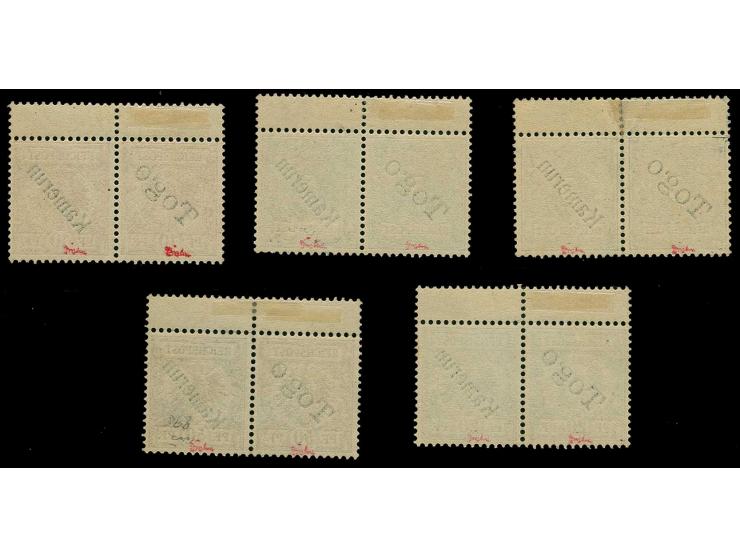 1897, Probedrucke mit diagonalem (statt sonst steilem) Aufdruck "Kamerun" 3-20 und 50 Pfg., alle im waagerechten Zusammendruc