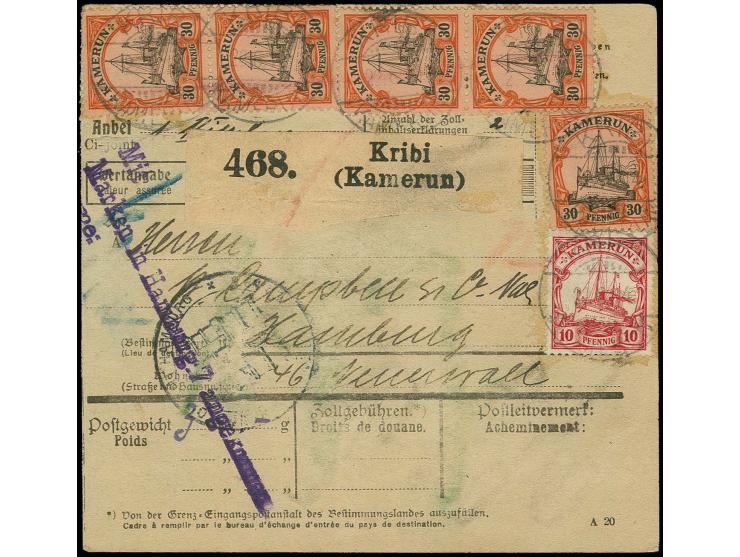 1900, Kaiseryacht 30 Pfg., 2 senkrechte Paar und Einzelstück zusammen mit 10 Pfg. mit Wz. auf Paketkarte von "KRIBI 22.6.14" 