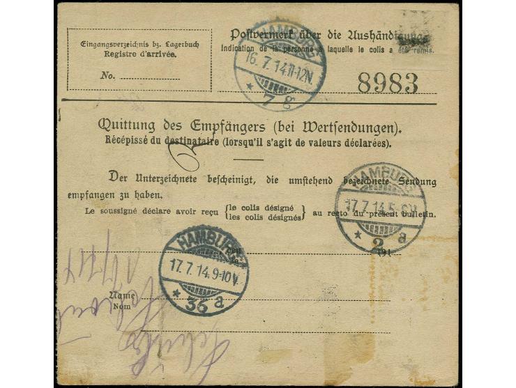 1900, Kaiseryacht 30 Pfg., 2 senkrechte Paar und Einzelstück zusammen mit 10 Pfg. mit Wz. auf Paketkarte von "KRIBI 22.6.14" 