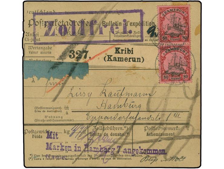 80 Pfg. im senkrechten Paar mit Stempel "KRIBI 5.5.14" auf Paketkarte nach Hamburg, gute Bedarfserhaltung