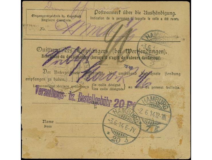 80 Pfg. im senkrechten Paar mit Stempel "KRIBI 5.5.14" auf Paketkarte nach Hamburg, gute Bedarfserhaltung