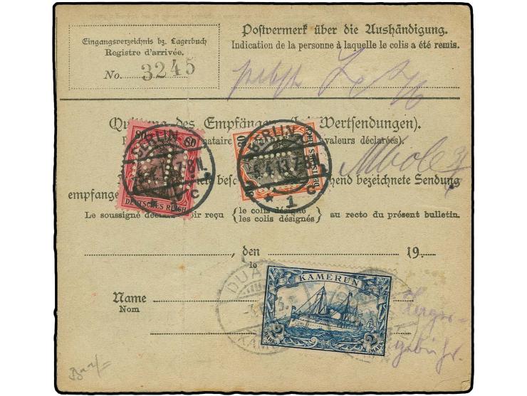 2 M. mit Stempel "DUALA 3.6.13" als Lagergebühr auf Paketkarte von "BERLIN 5.4.13" nach Duala; die Reichspost-Frankatur teils