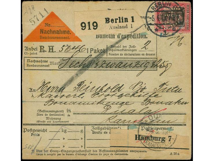 2 M. mit Stempel "DUALA 3.6.13" als Lagergebühr auf Paketkarte von "BERLIN 5.4.13" nach Duala; die Reichspost-Frankatur teils