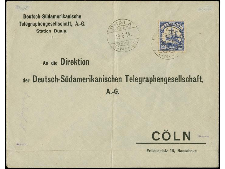 1905/19, Ausgabe mit Wz. 20 Pfg. mit Stempel "DUALA 19.6.14" auf Vordruckbrief der Deutsch-Südamerikanischen Telegraphengesel