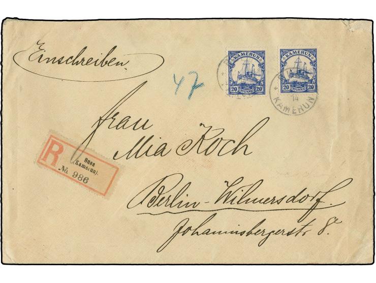 1905/19, Ausgabe mit Wz.: 20 Pfg. Friedensdruck, 2 Einzelwerte mit jeweils sauber aufgesetztem "BUEA 2 (?) 4 14" auf Bedarfs-