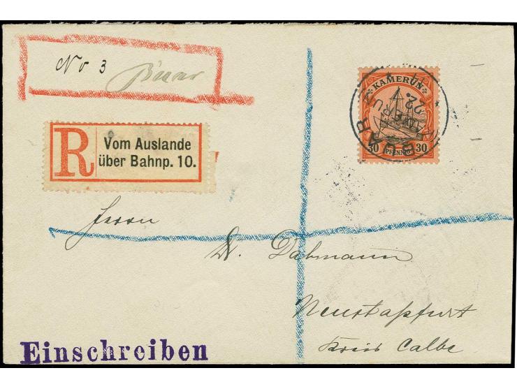 "BUAR 22.1 14", klar auf 30 Pfg. auf R-Brief mit handschriftlichem R-Vermerk "Nr. 3 Buar" und Bahnpost-R-Zettel "Vom Auslande