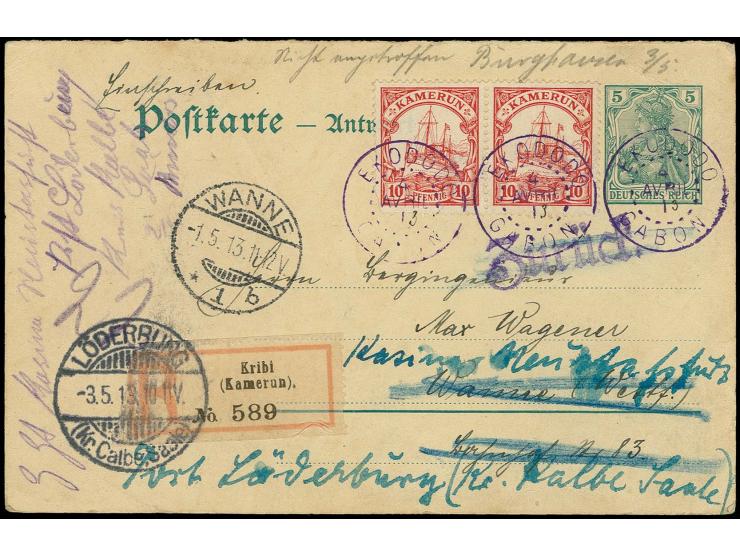"EKODODO GABON 4 AVRIL 13", Letzttagsstempel, dreimal abgeschlagen auf Ausgabe mit Wz. 10 Pfg. im waagerechten Paar auf DR-An