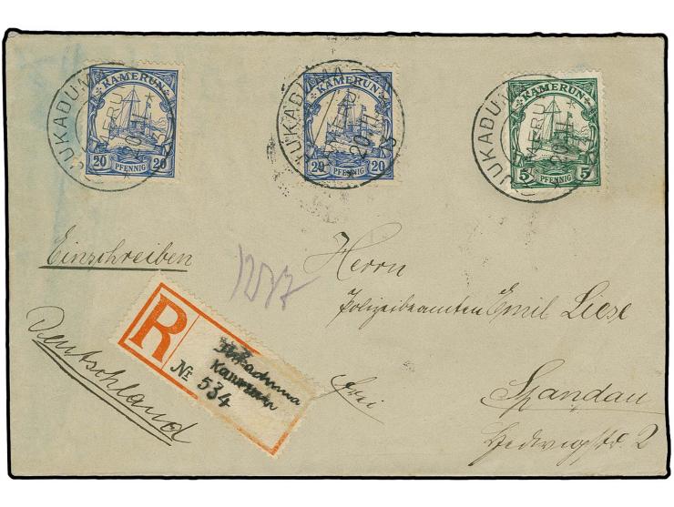 "JUKADUMA KAMERUN 20.11.13", dreimal klar auf R-Brief mit 20 Pfg. (2) und 5 Pfg. nach Spandau mit Ankunftsstempel, R-Zettel f