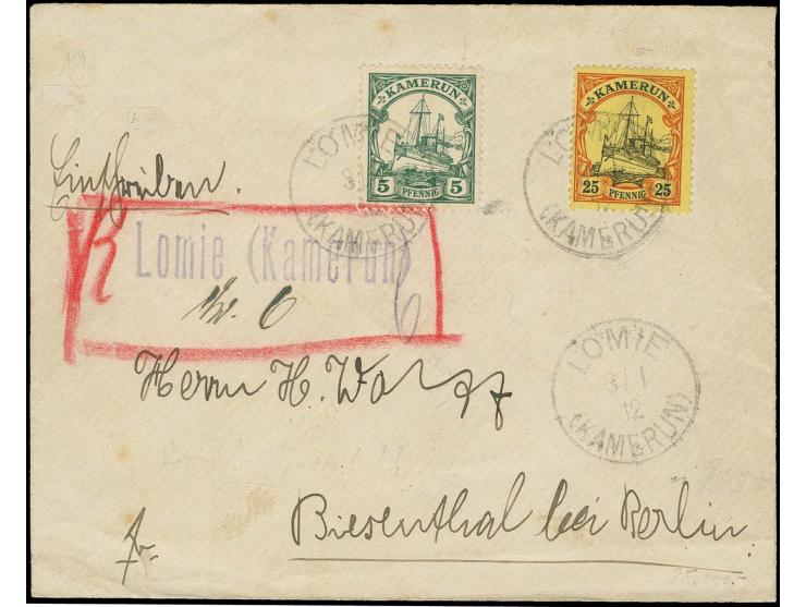 "LOMIE 3/1 12" auf 5 Pfg. und 25 Pfg. auf kleinem R-Brief mit provisorischem R-Vermerk mit Innendienst-L1 "Lomie (Kamerun)" n