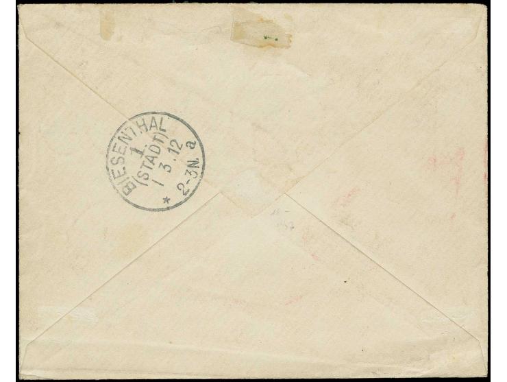 "LOMIE 3/1 12" auf 5 Pfg. und 25 Pfg. auf kleinem R-Brief mit provisorischem R-Vermerk mit Innendienst-L1 "Lomie (Kamerun)" n