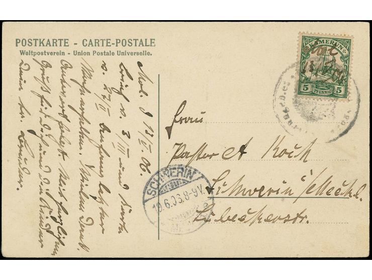 "Mol 13/5 06" handschriftlich mit Dienstsiegel-Entwertung auf 5 Pfg. auf Ansichtskarte mit Text nach Schwerin mit Ankunftsste