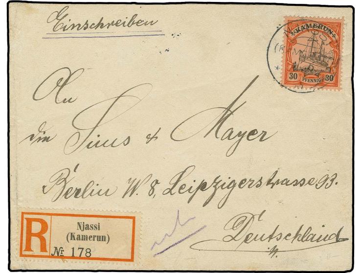 "NJASSI 1.9 13" auf kleinem Bedarfs-R-Brief nach Berlin mit Ankunftsstempel; R-Briefe von Njassi sind außerordentlich selten,