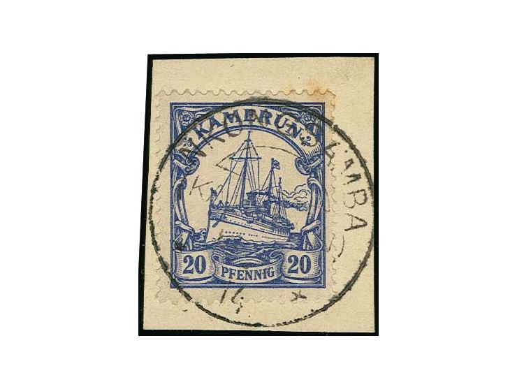 "NKONGSAMBA ... 14" auf Kriegsdruck 25 Pfg. dunkelviolettblau auf kleinem Briefstück. Der Stempel dieser Poststation erreicht