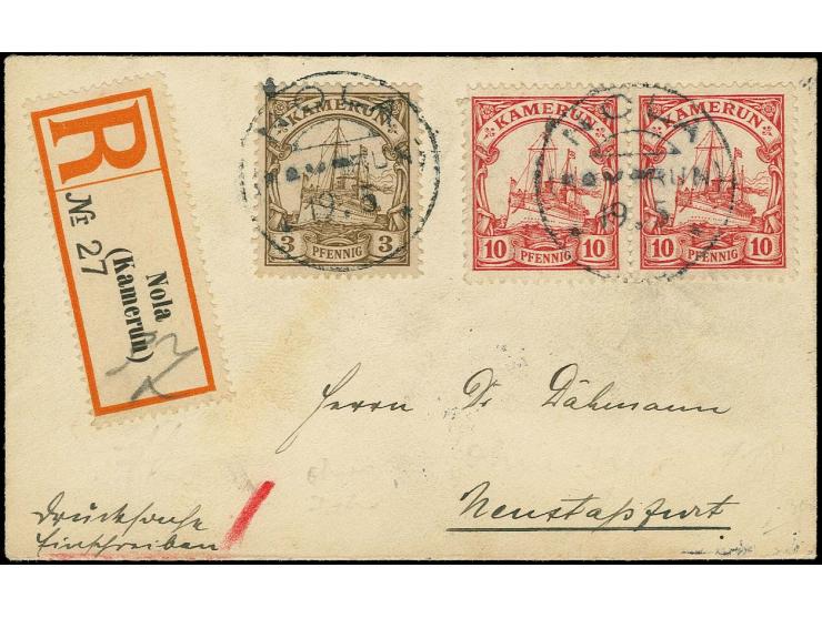 "NOLA 19.5" (ohne Jahreszahl = 1913) auf 3 Pfg. und waagerechtem Paar 10 Pfg. auf kleiner eingeschriebener Drucksache an Dahm