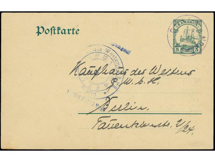 BAHNPOST: "DUALA KAMERUN 3/8" in violett auf Ganzsachenkarte 5 Pfg. bedarfsgebraucht von einem "Waldmeister der Kam. Eisenb.G
