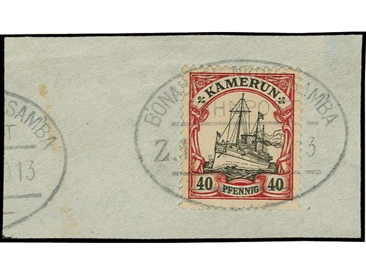 "BAHNPOST BONABERI-NKONGSAMBA Z.1 21.10.13" (mit einem Punkt im Zierstück) sauber auf 40 Pfg. auf Briefstück, Fotoattest Jäsc