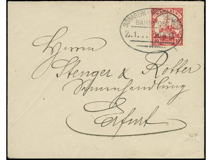 "BAHNPOST BONABERI-NKONGSAMBA Z.1 20.8.13" (mit 2 Punkten im Zierstück) sauber auf kleinem Briefkuvert nach Erfurt, Umschlag 