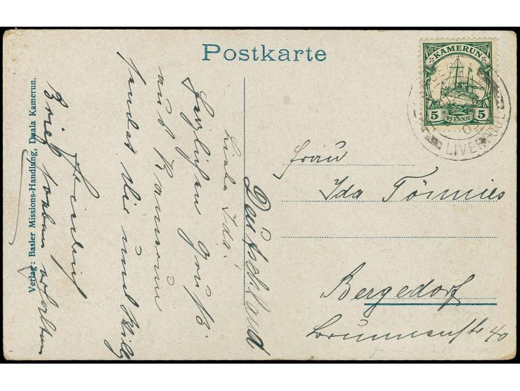 "PAQUEBOT LIVERPOOL JY 20 09" auf 5 Pfg. mit Wz. auf Ansichtskarte (Teilansicht der Akwastadt) nach Bergedorf