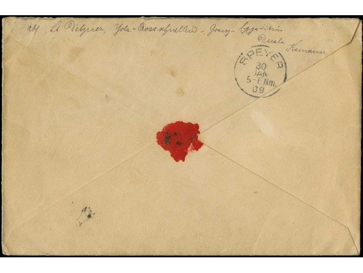 1908, frankierter Brief von "BAMENDA 7/12" mit Absenderangabe "Lt. Detzner, Jola, Crossschnellen-Grenz-Expedition Duala Kamer