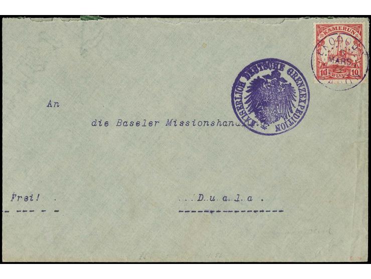 "KAISERLICH DEUTSCHE GRENZ-EXPEDITION", violetter Siegelstempel auf Brief frankiert mit 10 Pfg. mit violettem französischem "