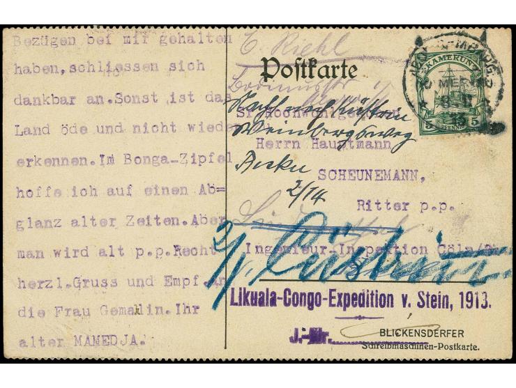 "Likuala-Congo-Expedition v. Stein, 1913 / J.-Nr.  ", violetter L2 vorderseitig auf Karte frankiert mit 5 Pfg. mit Stempel "A