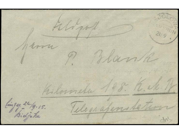 "EBOLOWA 21/9  " ohne Jahreszahl auf Feldpost-Brief an "P. Blank, Kilometer 198.... Telegrafenstation" mit privatem Eingangsv