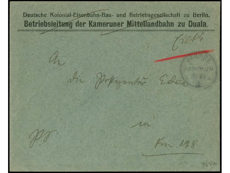 Postsache von "JAUNDE 31 10 15" mit Vermerk "Eilt" an die Postagentur Edea, die sich zu dieser Zeit an der Eisenbahnlinie bei