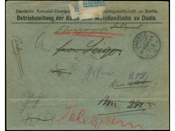 1915, vom Postamt Duala verwendeter Umschlag der Mittellandbahn, verwendet für die Bestellung eines Telegrammes per Flaggenpo