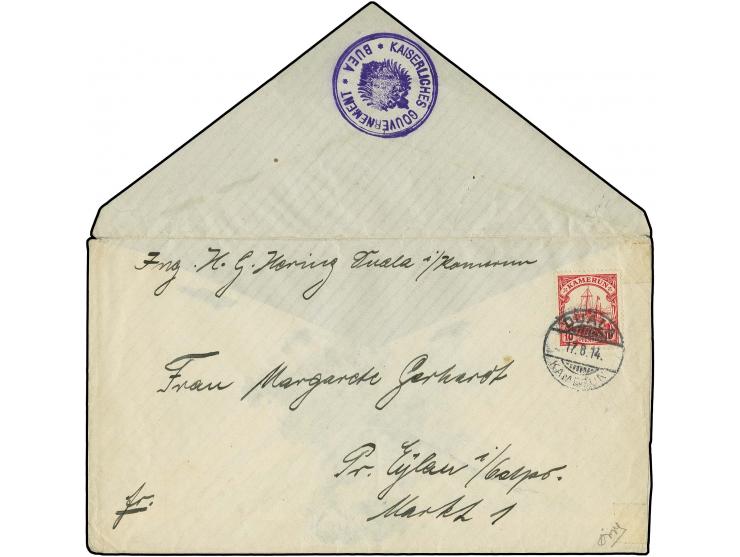 "KAISERLICHES GOUVERNEMENT BUEA", klarer Siegelstempel rückseitig auf Brief von "DUALA 17.8.14" nach preußisch Eylau