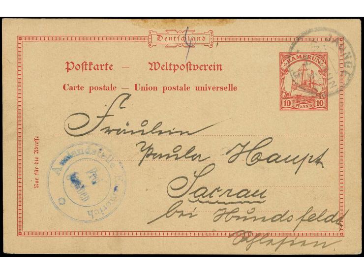 "Auslandsstelle Emmerich Frei-gegeben", als alleinige Zensur vorderseitig auf Ganzsachenkarte 10 Pfg. mit Stempel "JAUNDE 19/