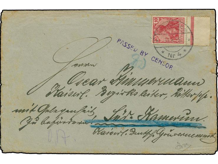 1915, Brief mit Germania 10 Pfg. mit Stempel "K.D. Feldpoststation Nr.4 31.8.15" adressiert an "Oscar Zimmermann Kaiserl. Bez