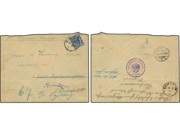 1895, "FORSCHUNGS-STATION YAUNDE", violetter Absenderstempel rückseitig auf Brief mit 20 Pfg. blau und Postaufgabe "KRIBI 6.2