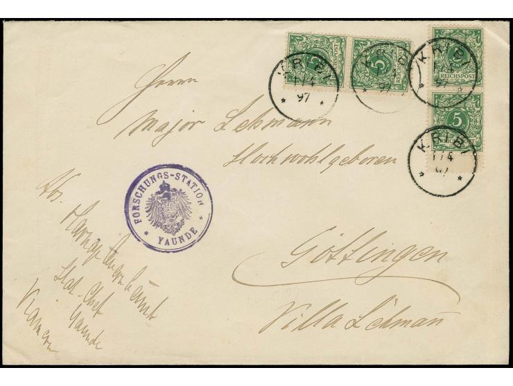 1897, "FORSCHUNGS-STATION YAUNDE", Dienstsiegel mit hds. Absendervermerk vom Stationsleiter "v. Carnap" vorderseitig auf Brie