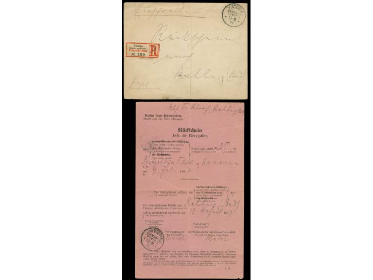 1897, eingeschriebene Postsache von "VIKTORIA (KAMERUN-GEBIET) 13/8 97" mit "Rückschein" nach Bad Rehburg mit Ankunftsstempel