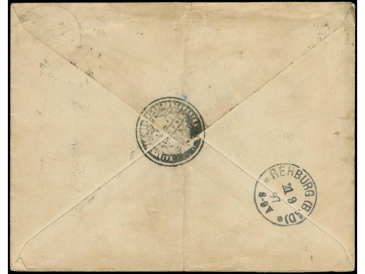 1897, eingeschriebene Postsache von "VIKTORIA (KAMERUN-GEBIET) 13/8 97" mit "Rückschein" nach Bad Rehburg mit Ankunftsstempel
