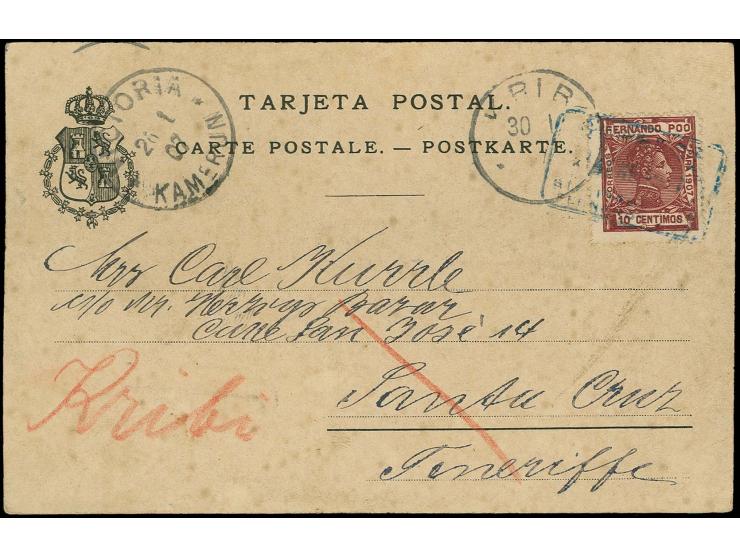 1906, frankierte Ansichtskarte von Fernando Poo nach Santa Cruz auf Teneriffa und nachgesandt nach Kribi mit Durchgangsstempe