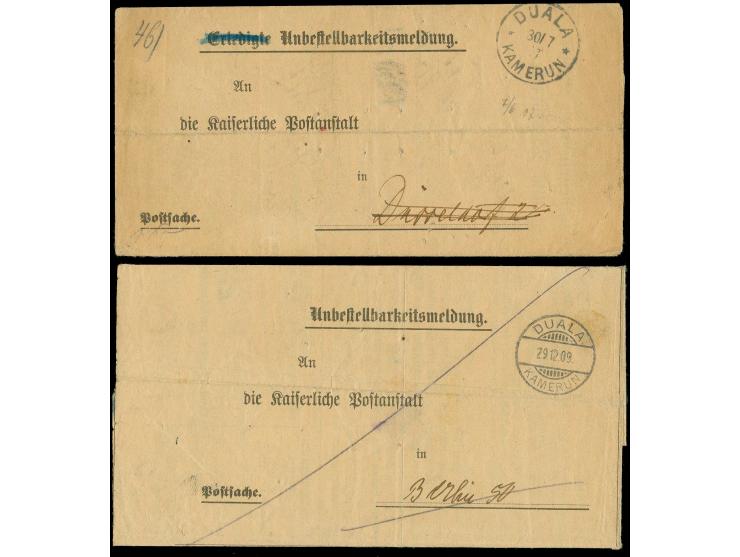 1907/09, zwei "Unbestellbarkeitsmeldungen" für Nachnahme-Pakete von Düsseldorf 1907 bzw. Berlin 1909 nach Duala und retour mi