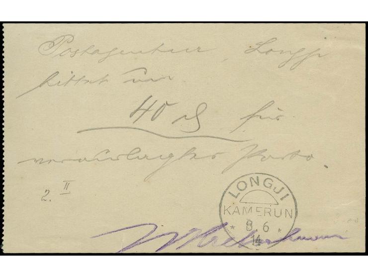 1914, "Postagentur Longji bittet um 40 Pfg. für ausgelegtes Porto" mit Unterschrift und Tagesstempel "LONGJI 8.6.14" auf blan