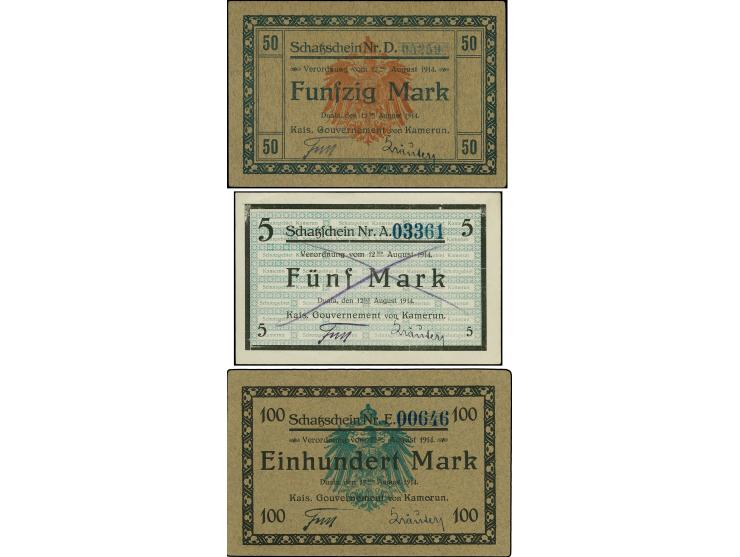 1914, Schatzscheine des Gouvernements von Kamerun zu 5 M., 50 M. und 100 M., einige Ecken leicht bestoßen, sonst sehr gute Er