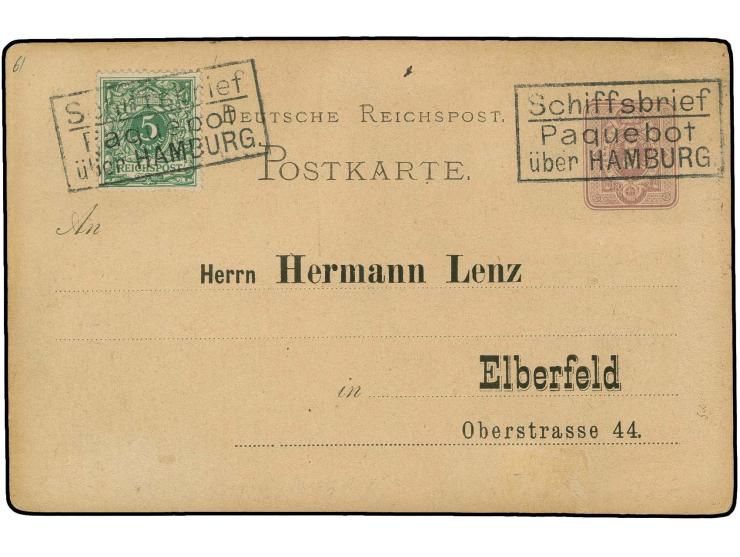 Krone/Adler 5 Pfg. als Zufrankatur auf Ganzsachenkarte 5 Pfg. violett ohne Zudruck mit zwei klaren Ra3 "Schiffsbrief Paquebot