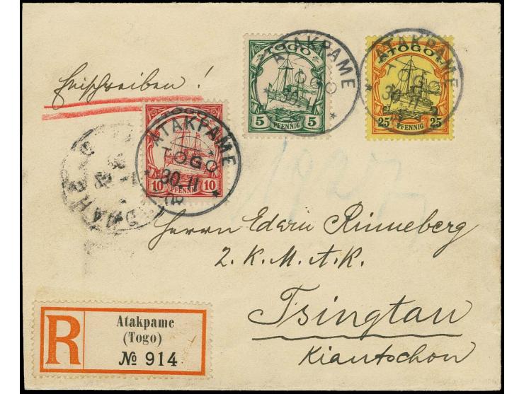 25 Pfg., 10 Pfg. und 5 Pfg. mit Stempel "ATAKPAME TOGO 30.11.08" auf R-Brief via Shanghai nach Tsingtau, Kiautschou mit Ankun