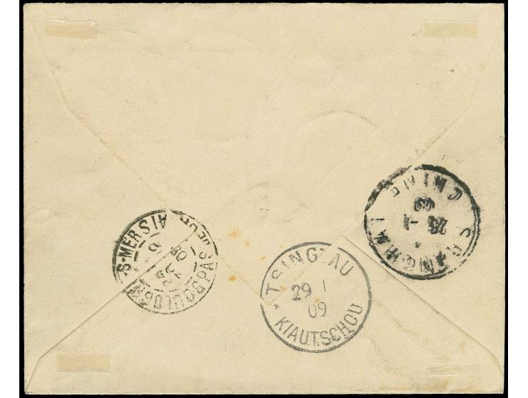 25 Pfg., 10 Pfg. und 5 Pfg. mit Stempel "ATAKPAME TOGO 30.11.08" auf R-Brief via Shanghai nach Tsingtau, Kiautschou mit Ankun