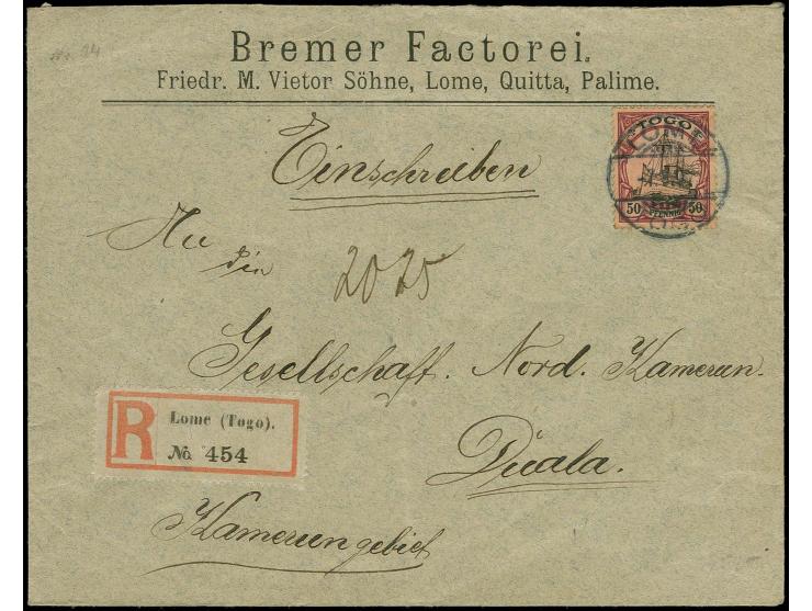 50 Pfg. mit Stempel "LOME TOGO 7.8.07" auf R-Vordruckbrief der "Bremer Factorei" nach Duala, Kamerun mit Ankunftsstempel, Pra