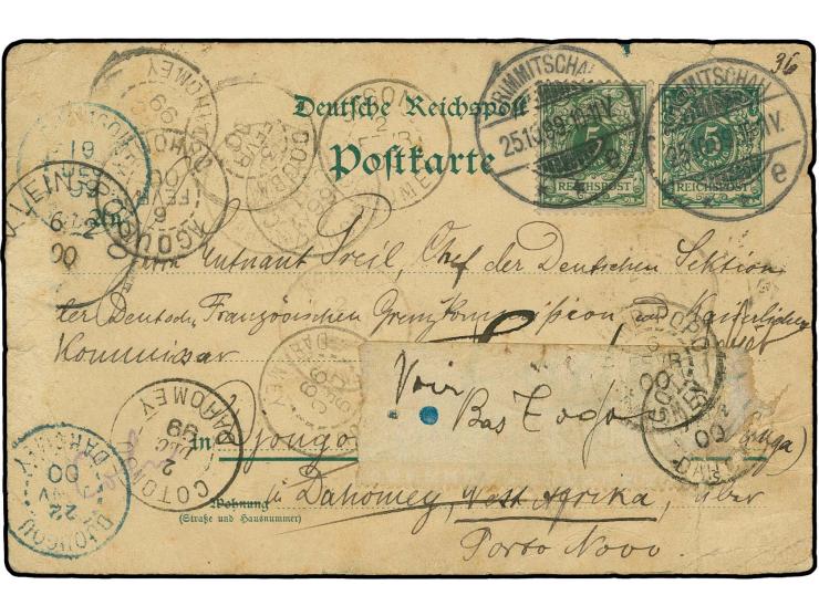 1899, Deutsches Reich Ganzsachenkarte 5 Pfg. mit Zufrankatur 5 Pfg. von "CRIMMITSCHAU 25.10.99" an Leutlant Preil, Chef der d