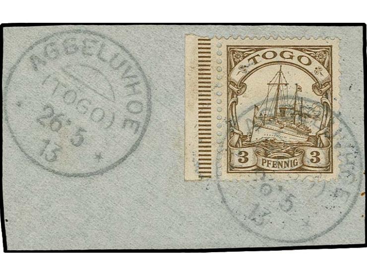 "AGBELUVHOE TOGO 26.5.13", zwei klare und kpl. Abschläge auf Briefstück mit Randstück 3 Pfg., Kabinett, Fotoattest Jäschke-L.